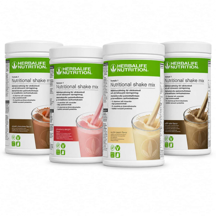 Herbalife Formula 1 4-pack – choklad, jordgubb, vanilj och caffè latte Herbalife Formula 1 måltidsersättning 4-pack med smakerna choklad, jordgubb, vanilj och caffè latte.