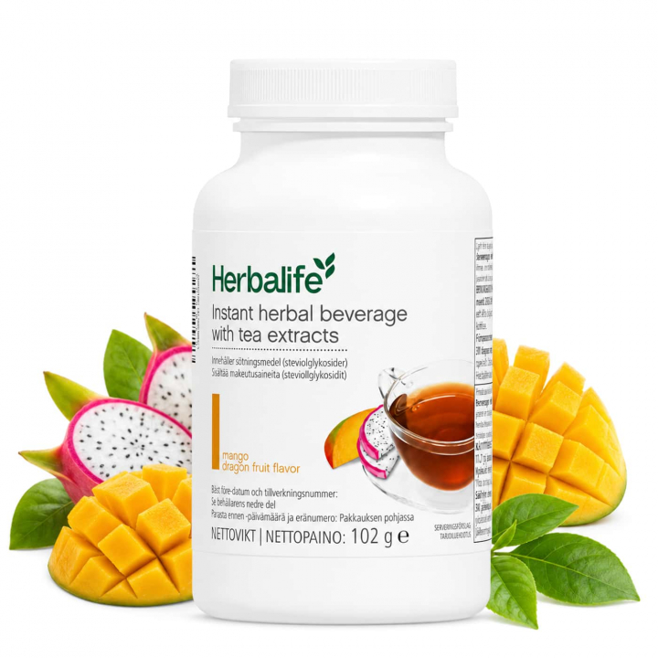 Herbalife Mango Dragonfruit med teextrakt Herbalife Mango Dragonfruit örtdryck med mango, dragon fruit och gröna blad
