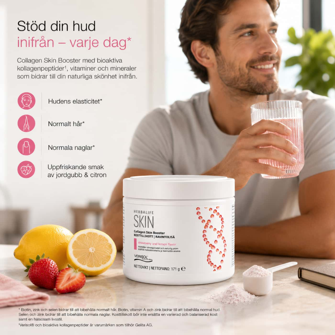Herbalife Collagen SKIN Booster kollagentillskott med Verisol och smak av jordgubb och citron