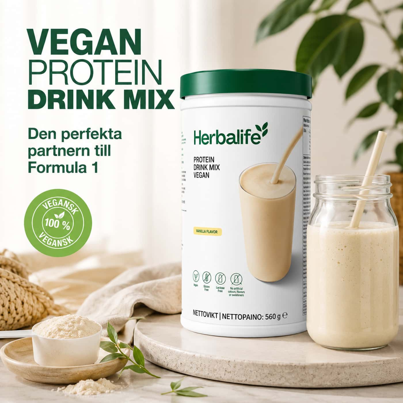 Herbalife Protein Drink Mix Vegan Vanilj 560 g – veganskt proteinpulver med hög proteinhalt