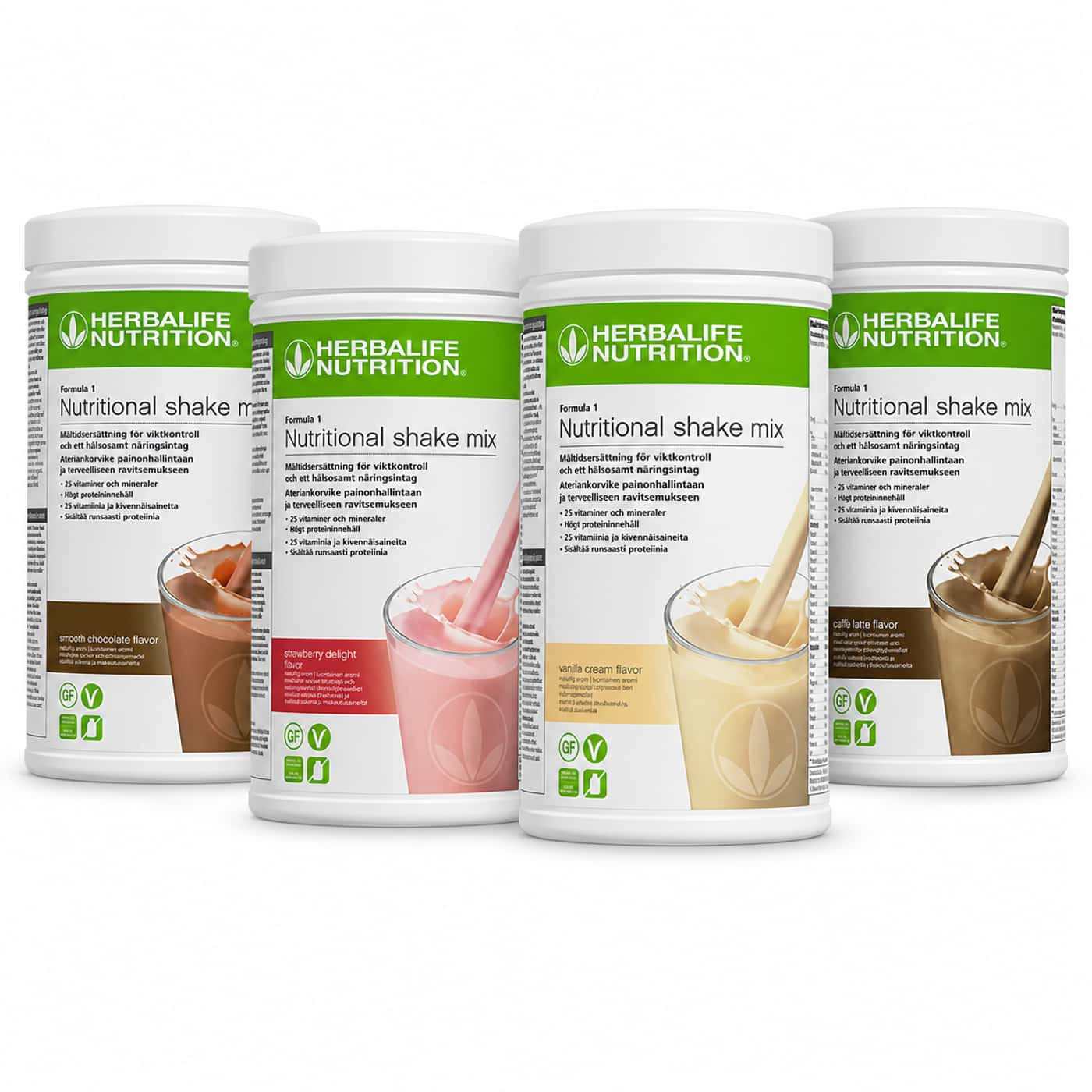 Herbalife Formula 1 måltidsersättning 4-pack med smakerna choklad, jordgubb, vanilj och caffè latte.