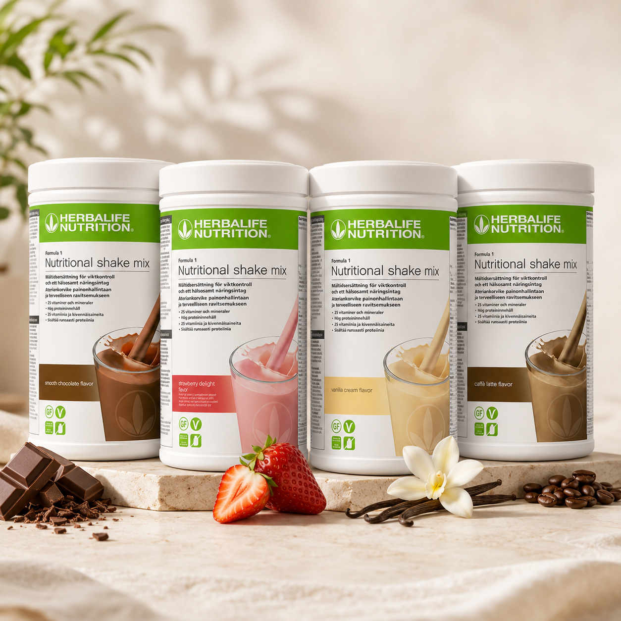 Herbalife Formula 1 4-pack med choklad, jordgubb, vanilj och caffè latte tillsammans med smakernas ingredienser i en varm produktmiljö.