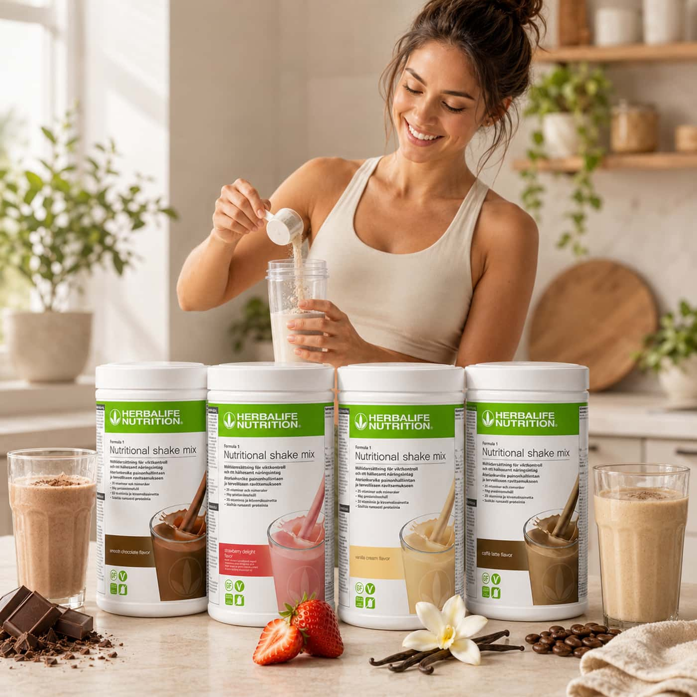 Kvinna som blandar en shake i kök med Herbalife Formula 1 4-pack i smakerna choklad, jordgubb, vanilj och caffè latte framför sig.